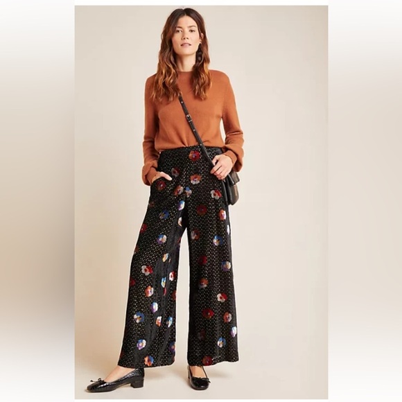 Anthropologie NWT Eva Franco Sz 0 Velvet Wide Leg Pants Black Motif Floral Glam - Picture 11 of 16